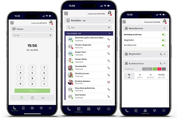 Tre mobilskærme fra Uni-tels app med telefon, kollegaer og køer