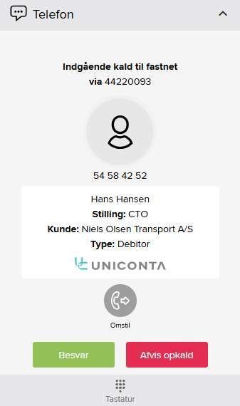 Eksempel på indgående opkald med kontaktoplysninger fra Uniconta i Uni-tels telefonmodul